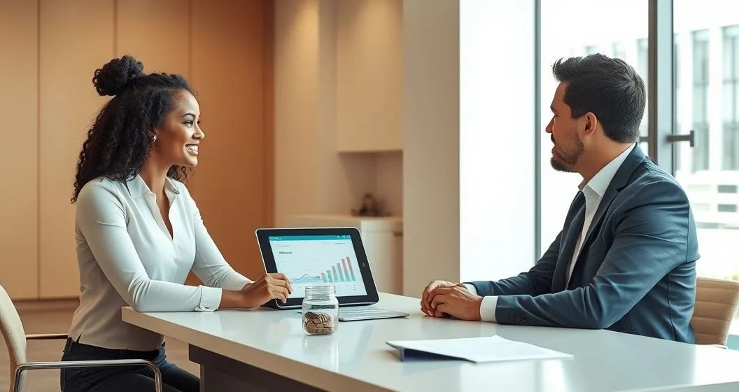 Credit union loan officer advising a diverse young couple at a desk with a tablet, a jar of coins and a contract representing safer short term cash options.