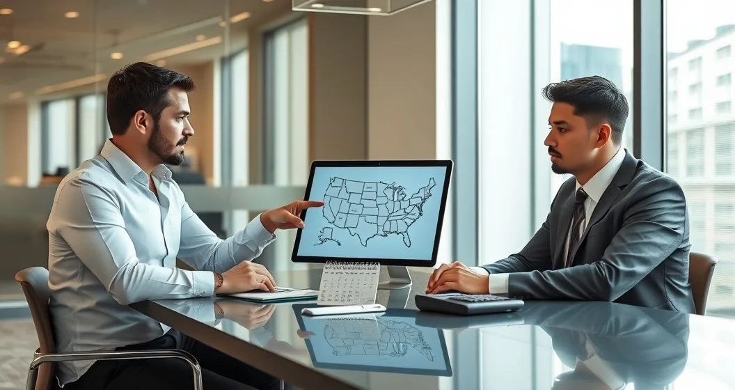 Compliance officer explains state rules on payday loan rollovers to a borrower using a tablet map with a calendar and calculator on the table.