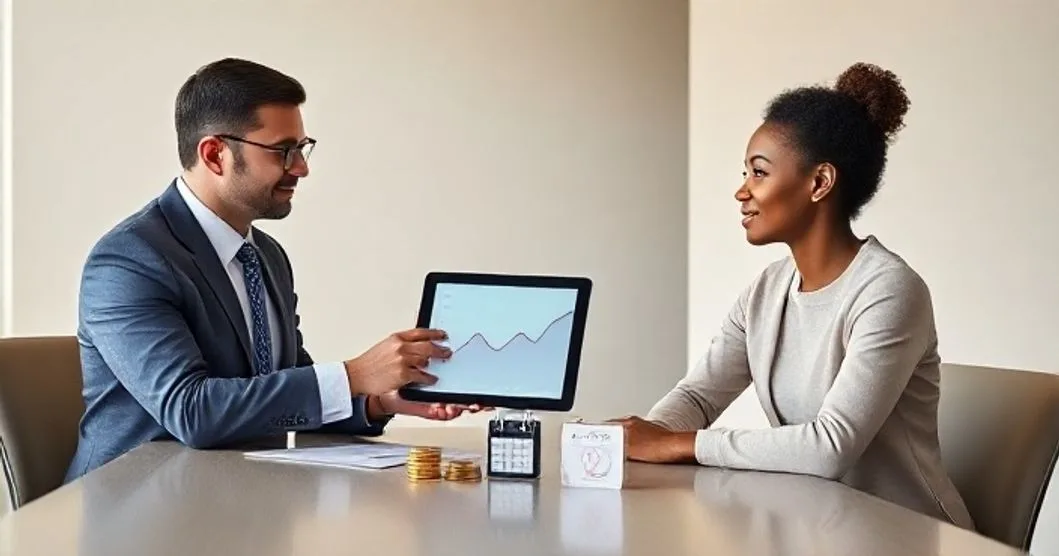 Loan officer shows borrower a tablet with a rising loan balance graph and stacked coins symbolizing accrued and capitalized interest during a payment holiday