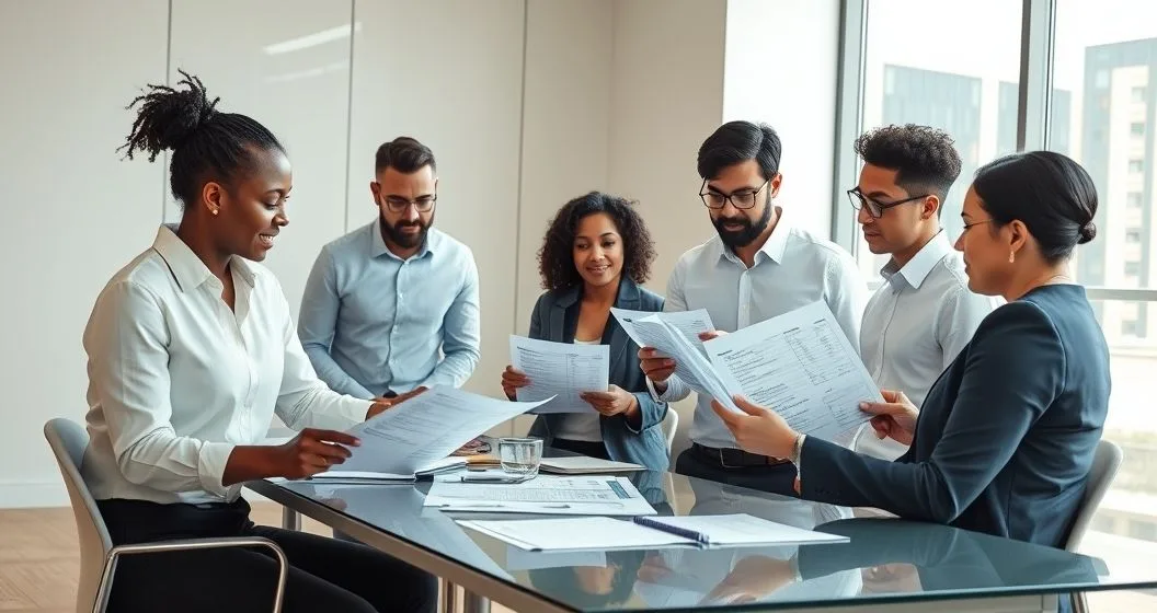 Payroll professionals reviewing printed payroll spreadsheets with errors circled and exchanging corrected documents in a modern conference room