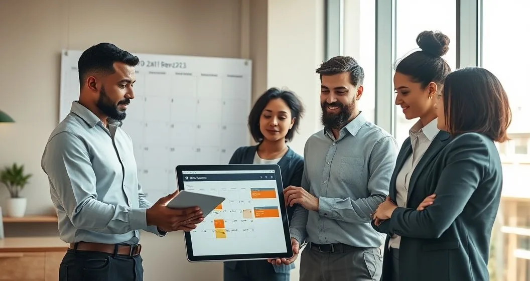 Payroll manager and diverse HR team reviewing a calendar and tablet showing highlighted payroll deposit dates and a bank transfer confirmation in a modern office