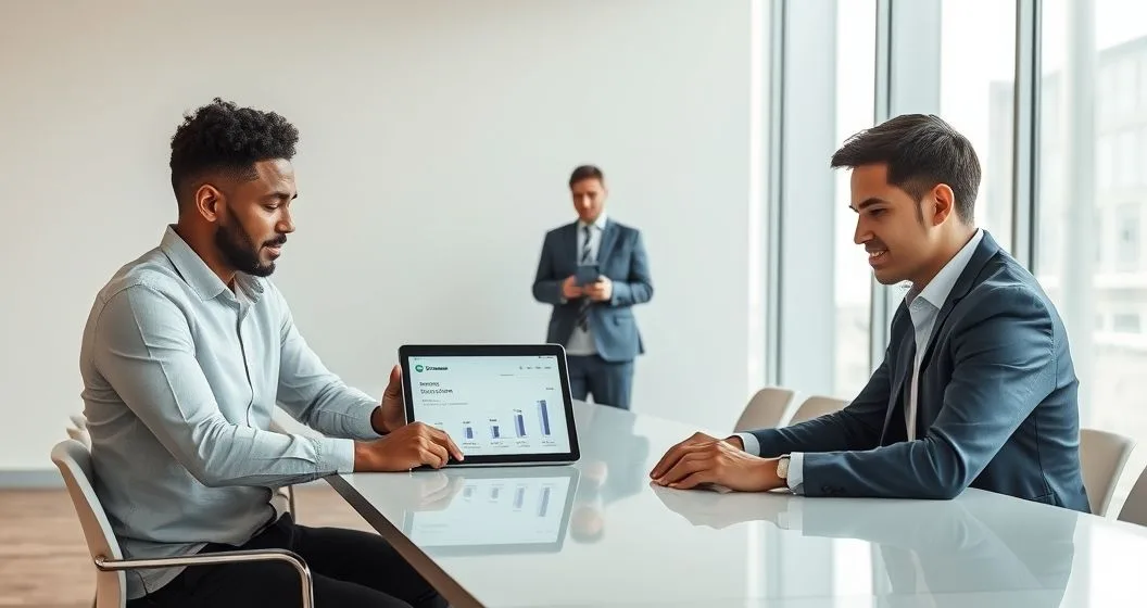 Borrower and investor reviewing a tablet showing a peer to peer loan marketplace while a platform representative oversees verification