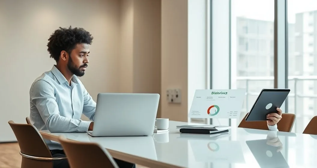 Borrower and advisor review online peer to peer loan options on a laptop and tablet showing fees and risk indicators in a modern office