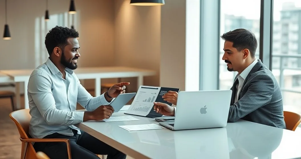Small business owner and investor reviewing loan offers on a tablet at a modern conference table