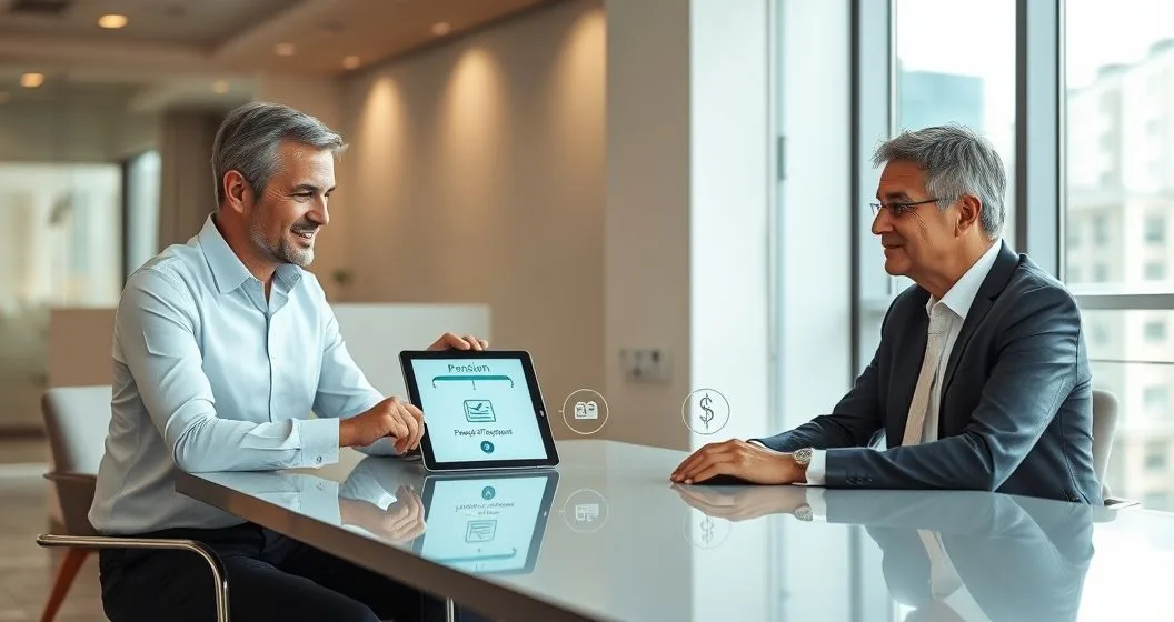 Financial advisor and mature couple reviewing a tablet showing an icon flow from a pension document to beneficiaries and a trust in a modern office.