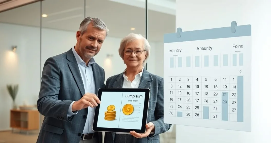 Financial advisor shows a tablet with lump sum imagery on one side and annuity imagery on the other to a retired couple in a modern office.