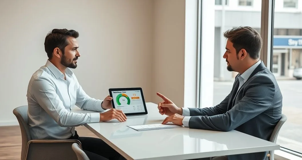 Loan officer and small business owner review a tablet with a credit score gauge and loan terms in a modern office