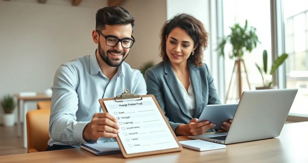 Two young diverse professionals reviewing a clipboard checklist and a tablet with financial icons at a modern desk