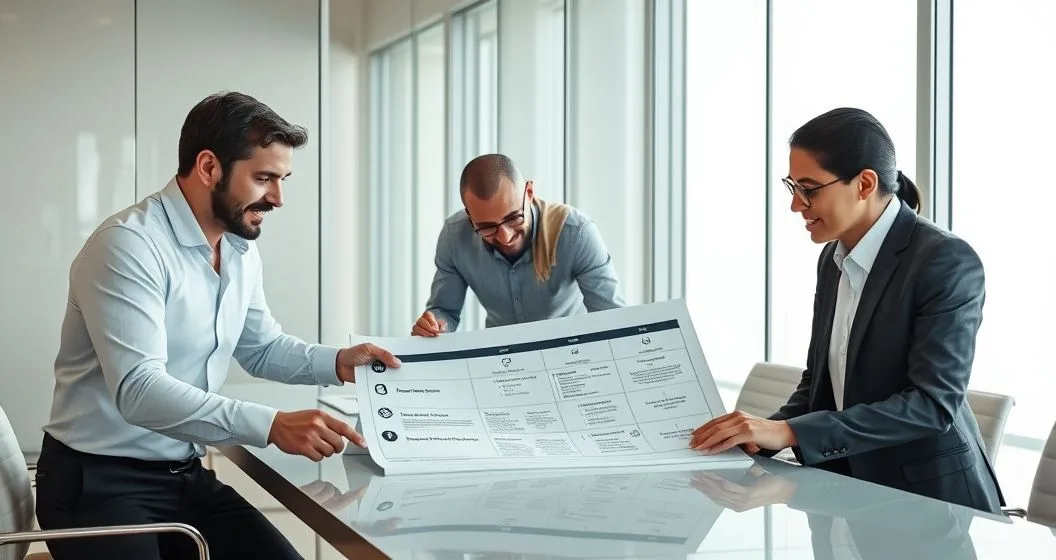 A financial advisor and two clients reviewing a printed roadmap and a tablet displaying a six step timeline in a modern conference room