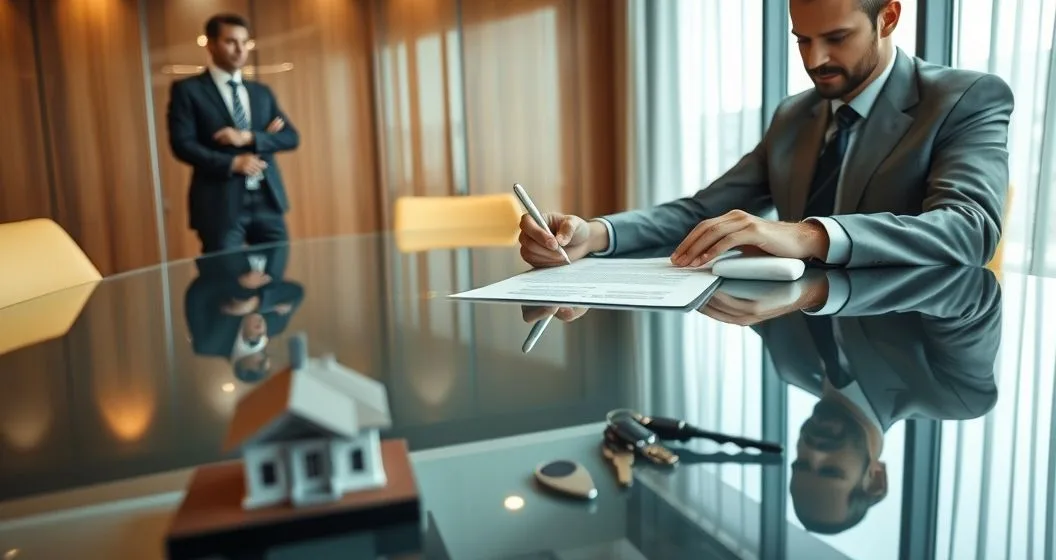 Business owner signing a guarantee while a lawyer points to the document and a bank officer watches with house model and car key on the table