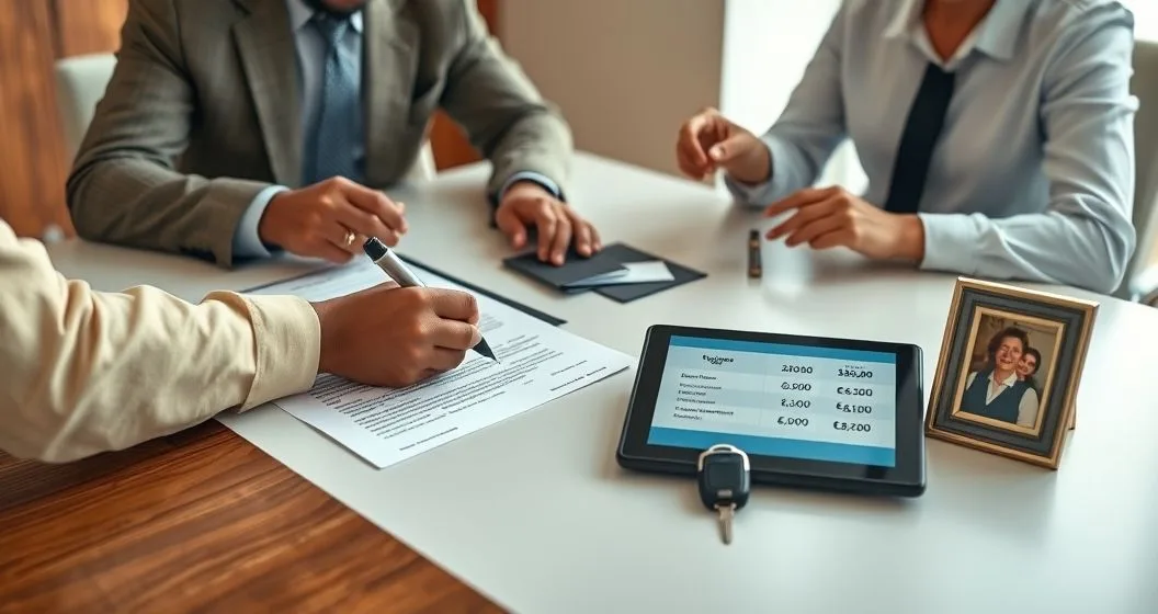 Small business owner signs a guarantee as loan officer shows tablet with loan figures and personal items on table