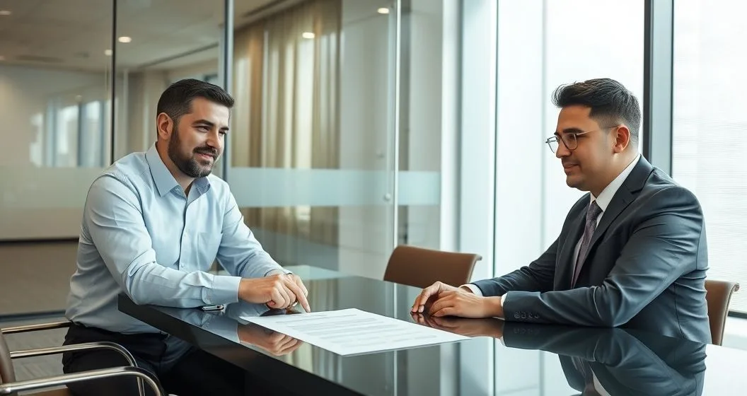 A small business owner looks concerned as a lender points to a line on a loan document while a financial advisor offers support in a modern conference room