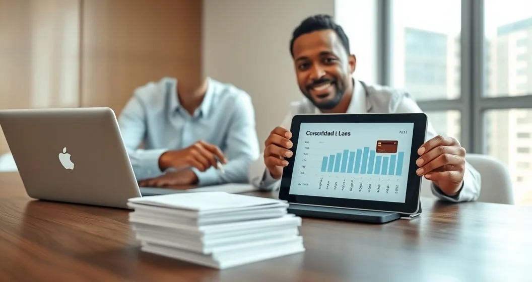 Financial advisor and client review a tablet with a consolidated loan graphic while credit cards and bills sit to the side in a modern office