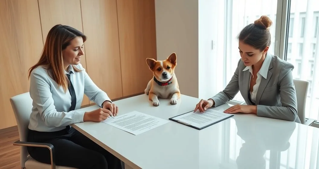 Lawyer, pet owner, and caregiver reviewing a pet trust document in a modern office with a small dog present