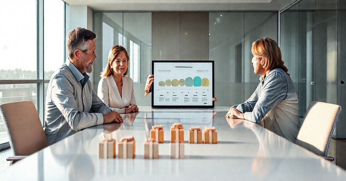 Financial advisor shows a segmented timeline on a tablet to an elderly couple and their adult child in a modern conference room with small gift boxes on the table representing gradual transfers