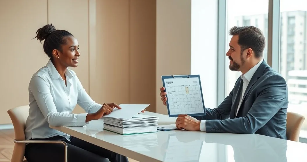 Tax advisor explaining a stack of official notices and a marked calendar to a client in a modern office