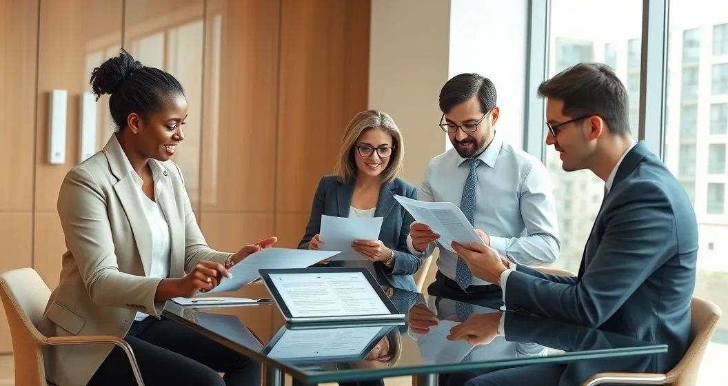 Estate attorney and clients reviewing will and trust documents in a modern conference room as they plan charitable bequests