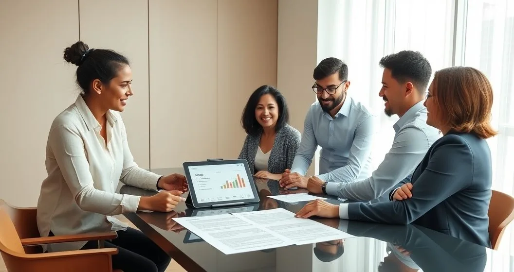 Estate planner meeting with a blended family around a conference table reviewing wills trusts and a tablet flowchart