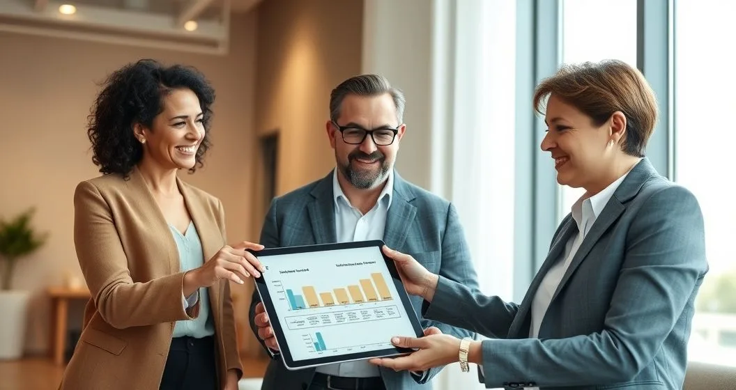 Financial advisor with a middle aged couple reviewing a healthcare cost timeline and HSA chart on a tablet in a minimalist office