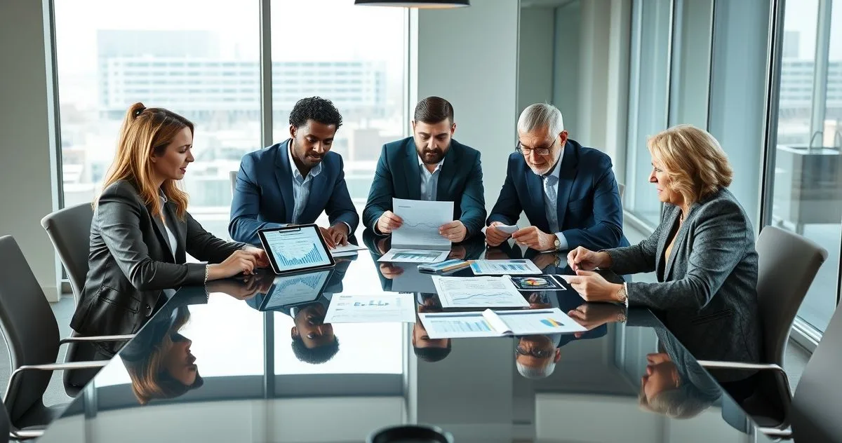 Financial advisor and couple reviewing a budgeting chart on a tablet with eyeglasses and a dental model on a clean conference table in a modern office