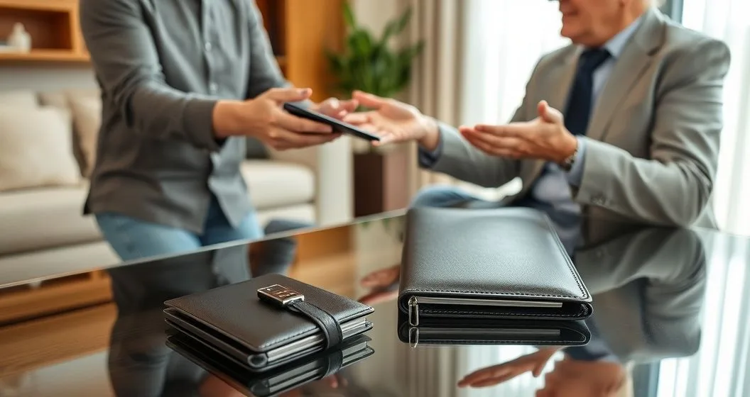 Adult child accepts a compact document folio from an older parent while a legal advisor explains in a modern living room
