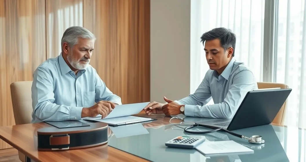 Older adult signing a legal document with a diverse agent and lawyer at a conference table with a stethoscope and financial folder nearby