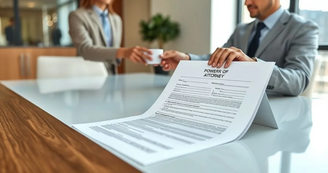 Tax professional handing a signed Form 2848 Power of Attorney to a client in a modern office while pointing to the signature line
