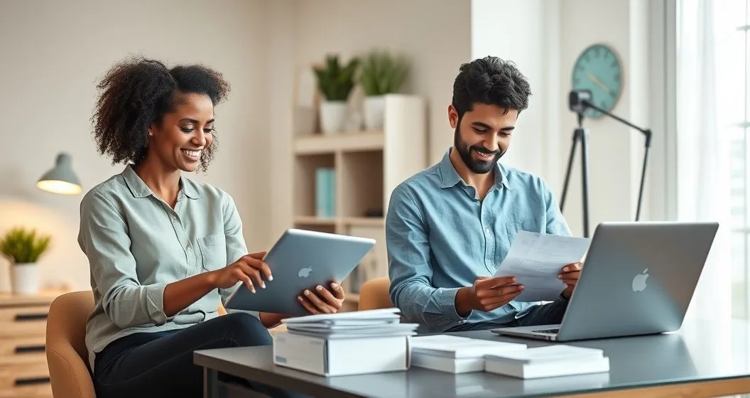 A gig worker and a tax advisor at a minimalist home office table reviewing a tablet showing earnings while sorting receipts into envelopes