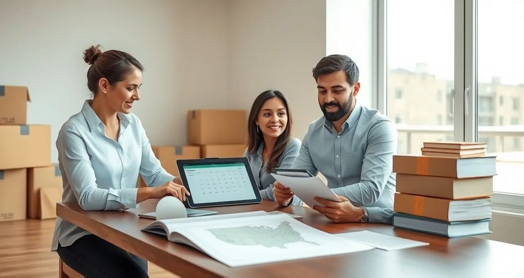 Tax advisor meeting with a diverse couple at a clean conference table with moving boxes and a tablet showing calendar dots and state outlines indicating residency planning