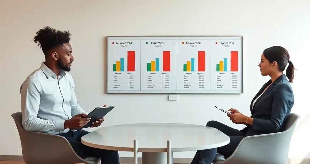 Financial advisor explains three color coded budget charts for low middle and high income levels to two clients in a modern meeting room