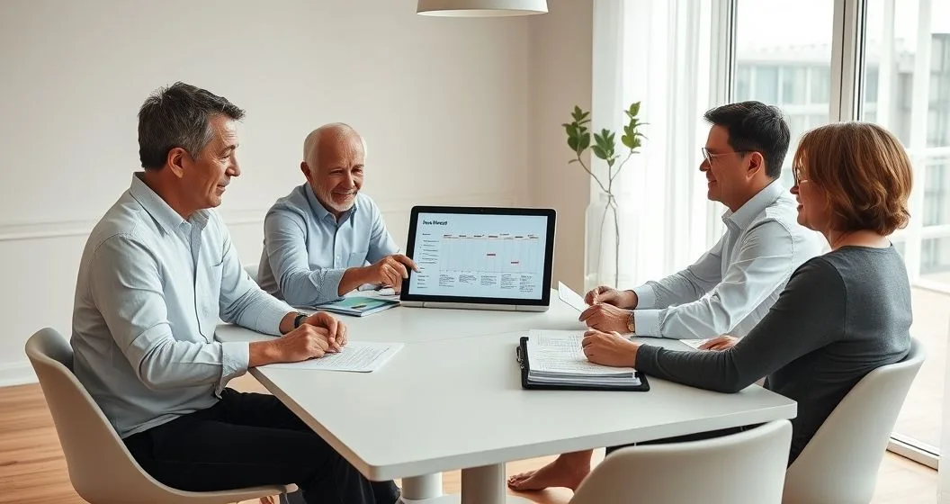 Multigenerational family and advisor around a table reviewing a transfer timeline on a tablet discussing responsibilities and timing in a calm modern setting