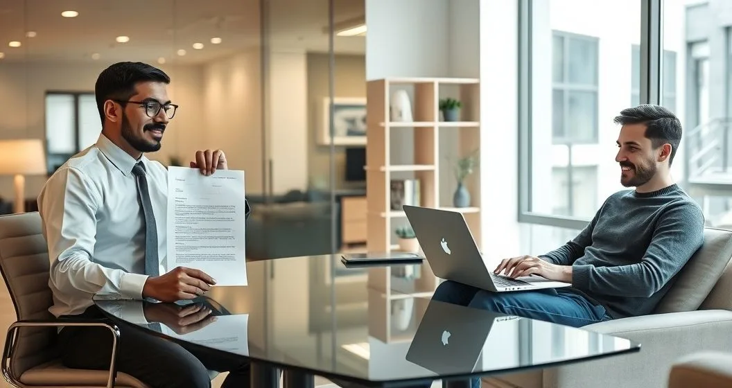 Left a loan officer hands a verified pre approval letter and points to a credit report in an office Right the same client at home on a laptop viewing an informal pre qualification estimate