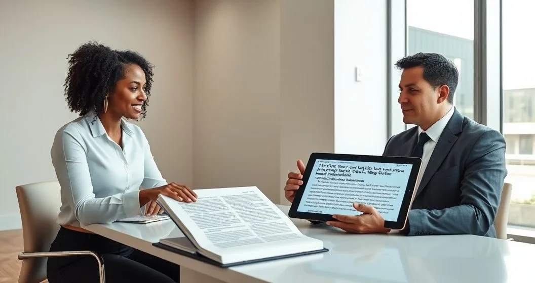 Tax attorney points to an open statute book and a tablet showing a court opinion while advising a client in a modern conference room