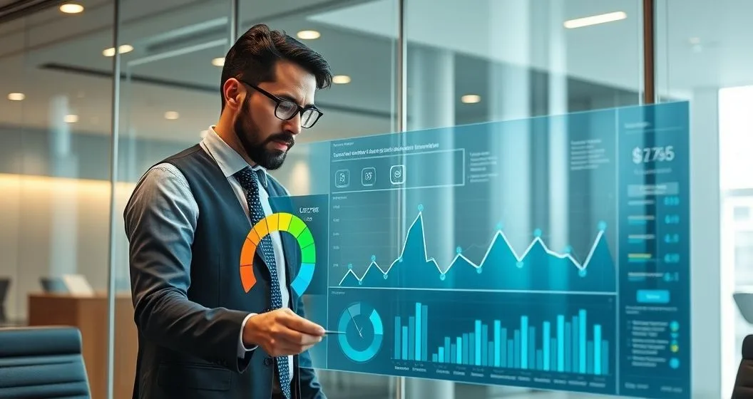 Two professionals reviewing a translucent dashboard with risk gauges graphs and network overlays in a modern bank conference room