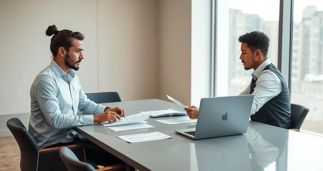 Financial advisor and client reviewing income and asset documents and a blurred credit report on a laptop at a clean conference table