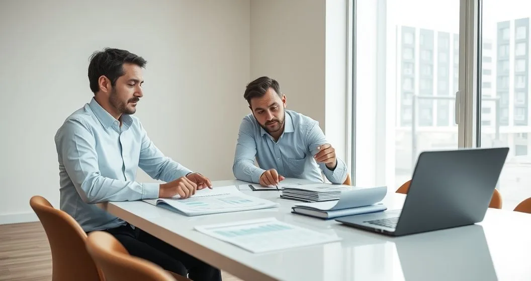 Two professionals at a conference table reviewing organized financial documents and a laptop in a modern office