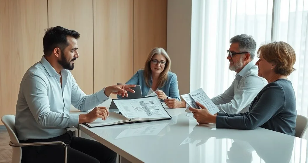 Three generations and a financial advisor at a conference table reviewing trust documents and a tablet with a governance diagram
