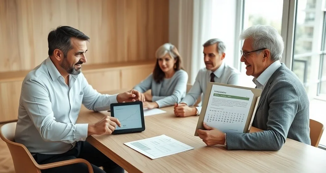 Financial advisor reviewing a staged distribution timeline with an adult child and an older parent around a modern table