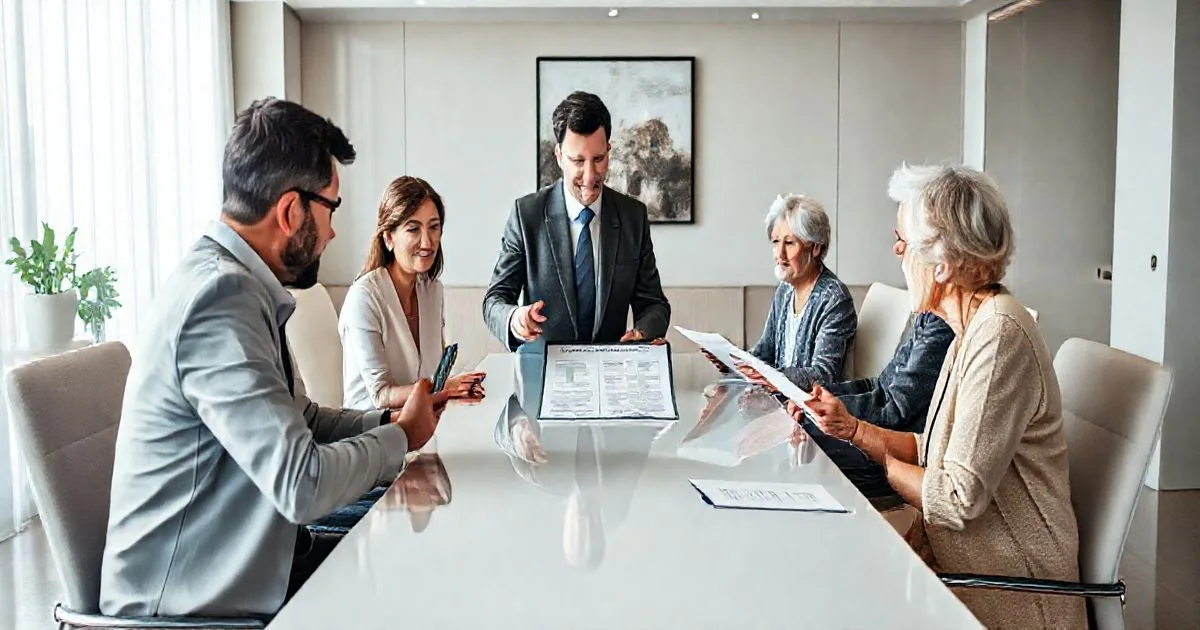 Multigenerational family meeting with a financial advisor reviewing estate documents and a tablet roadmap in a modern office