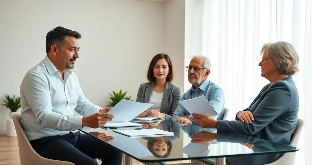 Multi generational family meeting with estate advisor in a modern conference room reviewing governance documents and financial guidance