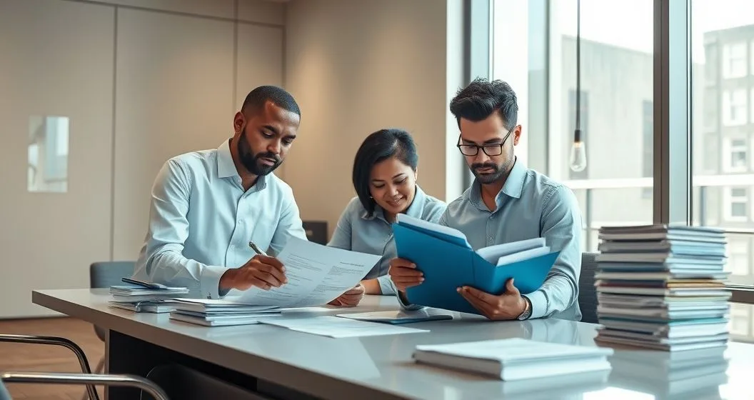 Two professionals at a modern office table reviewing and signing employment documents for public service loan forgiveness with a laptop and organized paperwork.