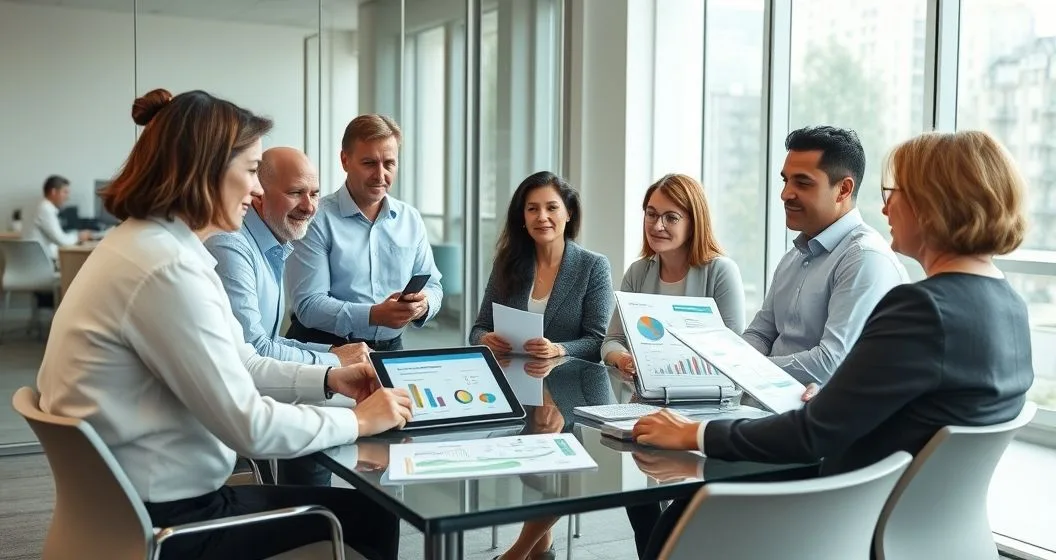 Heirs and trustees in a modern conference room participating in a workshop as an advisor guides role play and reviews asset diagrams on a tablet