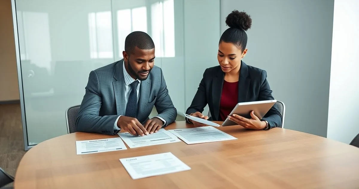 Tax advisor pointing to a checklist and Form 1040 while client reviews a tablet