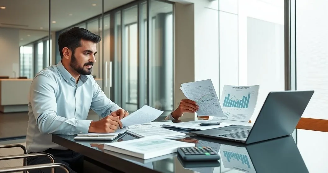 Two diverse professionals in a modern conference room assembling and reviewing printed financial statements and projection charts on a laptop, organizing a binder and calculator.