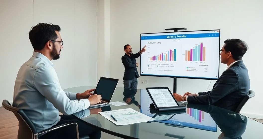Diverse professionals in a modern conference room reviewing a pitch deck on a laptop and large screen showing cash flow charts and lender focused metrics while pointing and taking notes