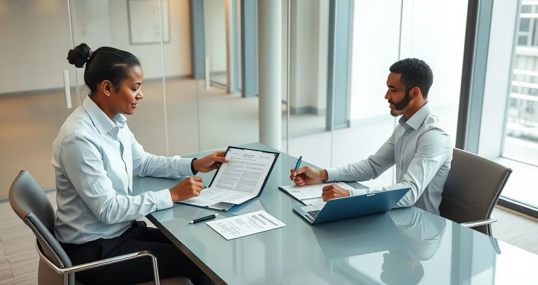Tax advisor and client assembling a neat packet of a written reasonable cause explanation and supporting documents at a conference table