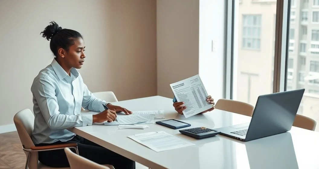 Tax professional and client at a conference table assembling an Offer in Compromise package with documents receipts calculator and laptop in a modern office