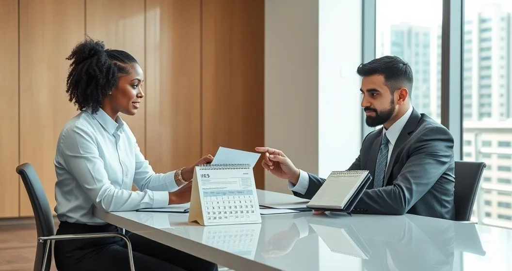 Tax attorney and client reviewing an IRS notice and calendar in a modern office