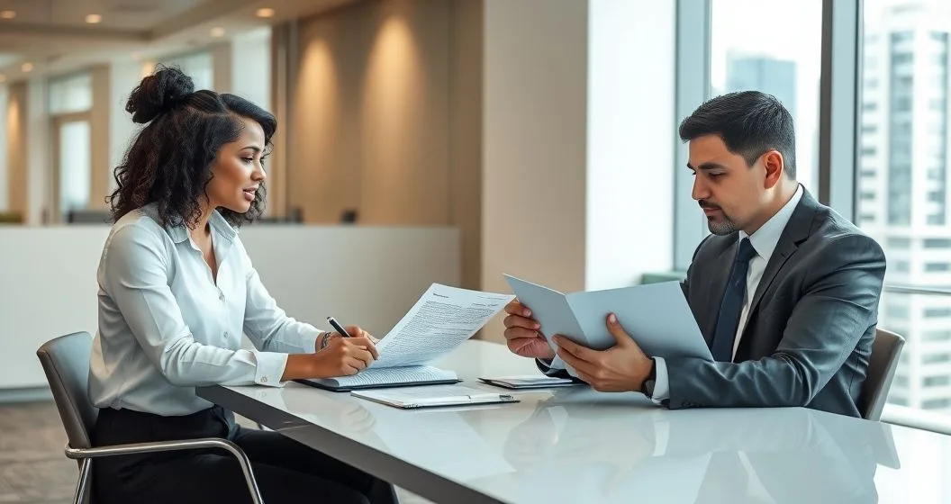 Tax attorney and client reviewing a written protest letter and supporting documents at a modern conference table.