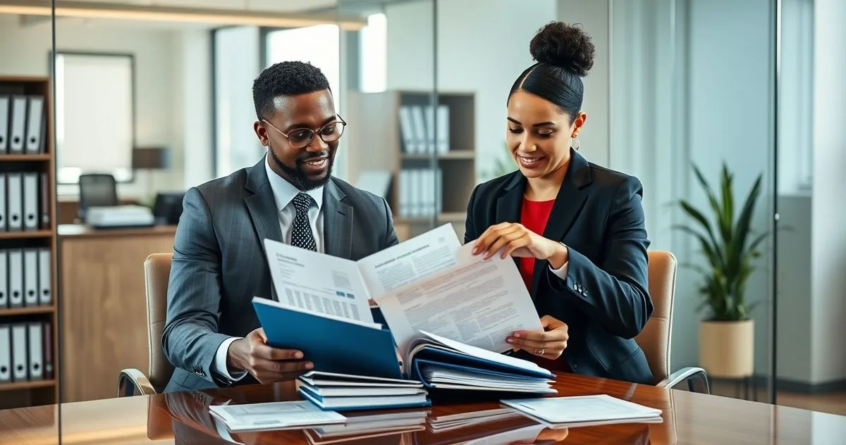 A tax attorney and a taxpayer at a conference table assembling a neatly organized appeals packet with folders and printed exhibits in a modern office.